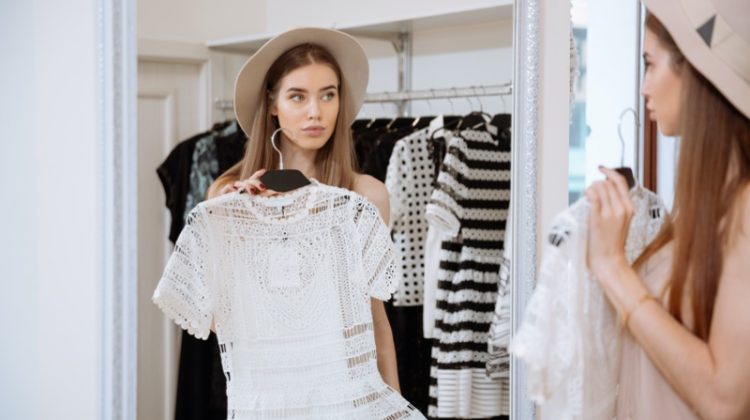 Fashion Model Mirror Holding White Lace Dress