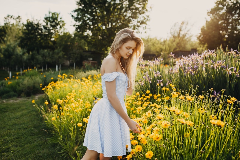 Gingham Dress Model Golden Hour Yellow Flowers