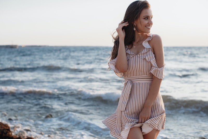 Happy Woman Beach Ruffle Stripe Open Shoulder Dress