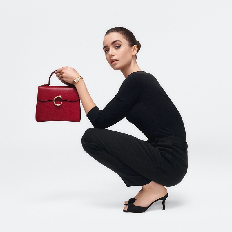 Lily Collins Red Panthere Cartier Bag