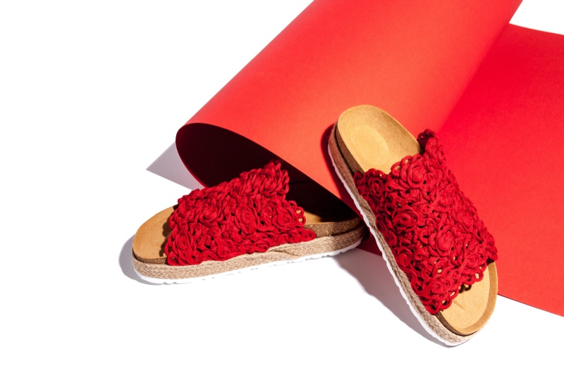Red Fabric Woven Slides Sandals