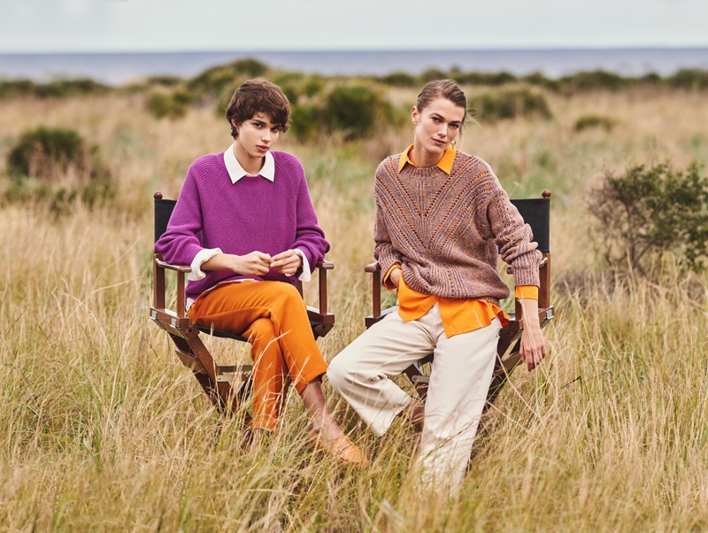 Mathilda Gvarliani and Mathilde Brandi model colorful knitwear in Stefanel spring-summer 2022 campaign.