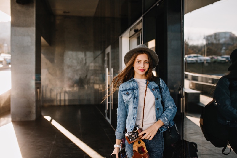 Woman Denim Jacket Hat Camera Bag