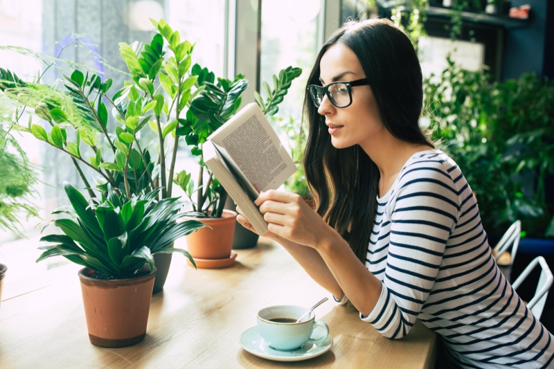 Woman Glasses Reading Book Cafe