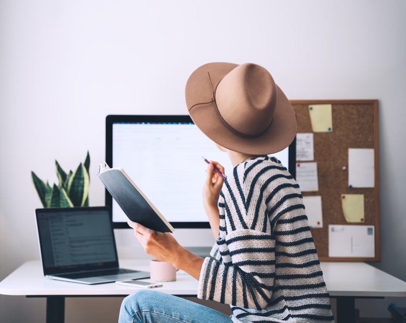 Woman Striped Shirt Desk Home Notes