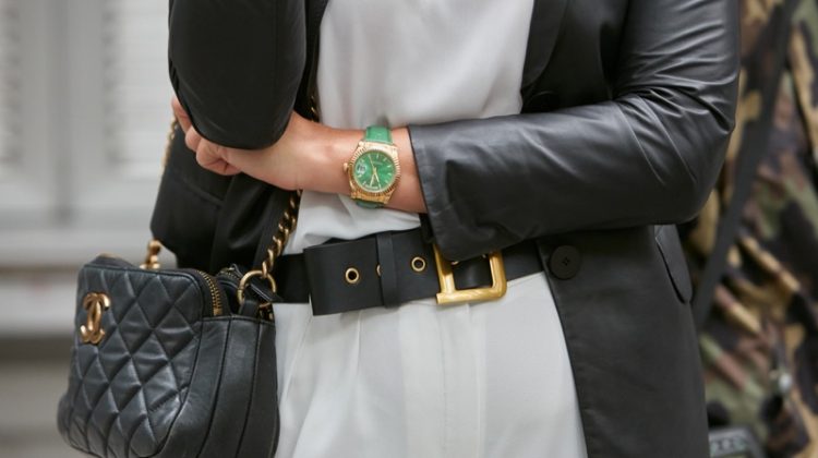 Woman Wearing Gold Rolex Daydate Green