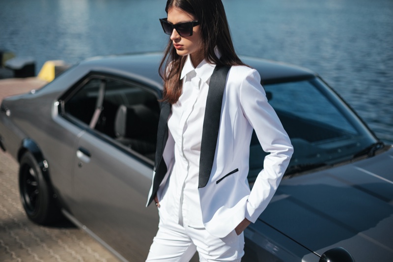 Woman White Tuxedo Jacket Car