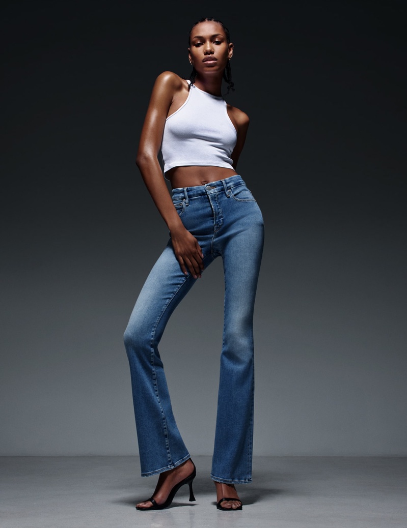 Flared jeans featured in Good American x Zara campaign.