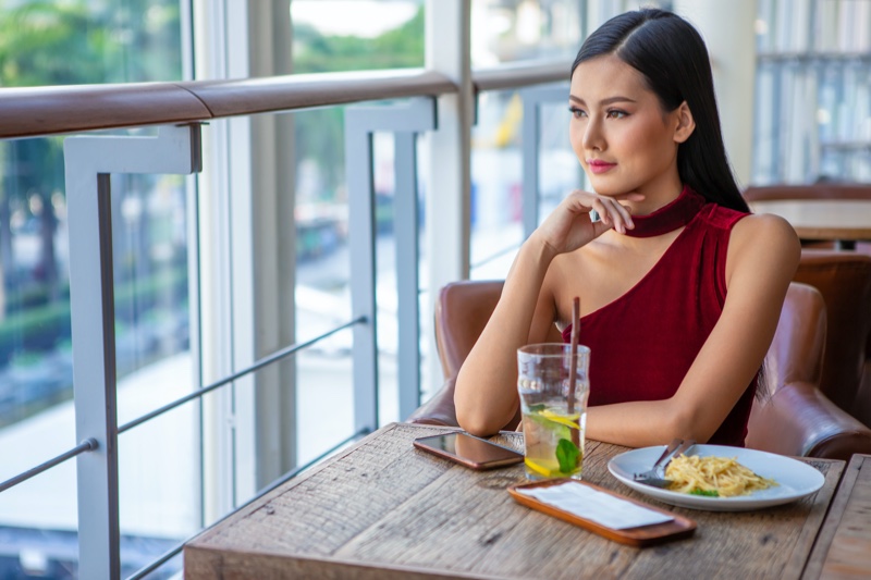 Asian Woman Red Elegant Dress Restaurant Food