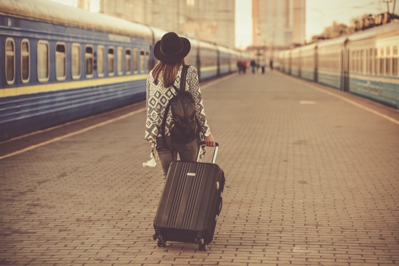 Back Woman Luggage Train Station