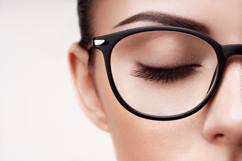 Closeup Model Eyeglasses Mascara Makeup