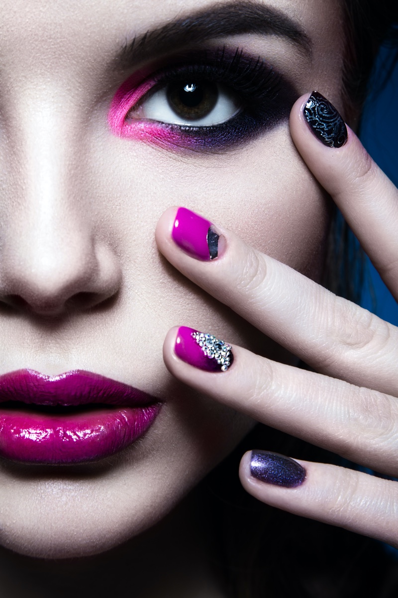 Closeup Model Pink Nails Makeup Embellished Manicure