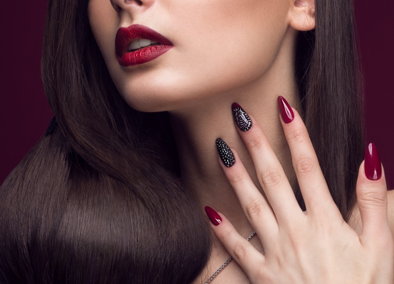 Cropped Model Red Glitter Nails Beauty