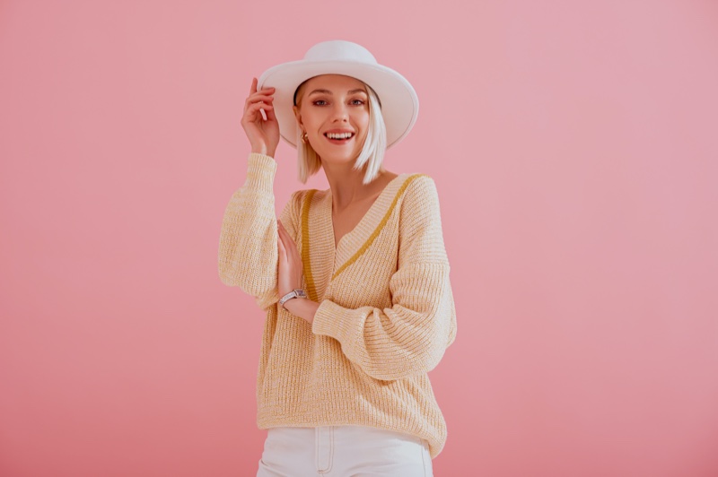 Fashion Model Yellow Sweater White Hat Outfit