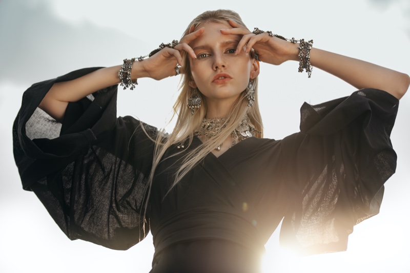 Model Layered Jewelry Black Dress Fashion