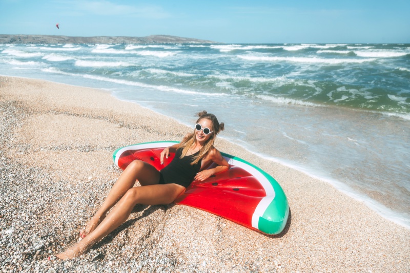 Model Watermelon Floatie Beach Black Swimsuit