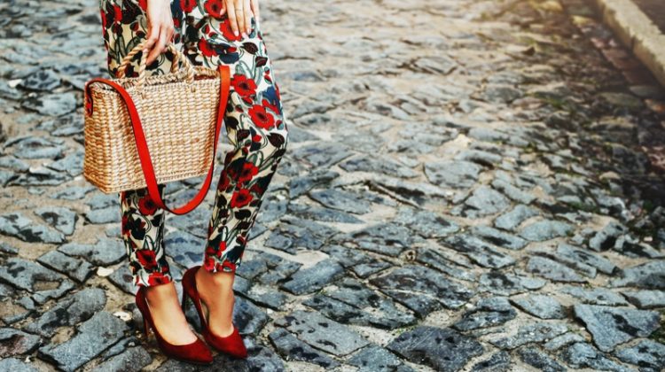 Straw Square Tote Bag Floral Pants Red Heels