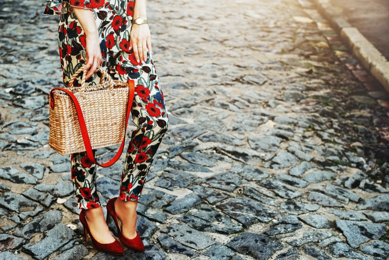 Straw Square Tote Bag Floral Pants Red Heels