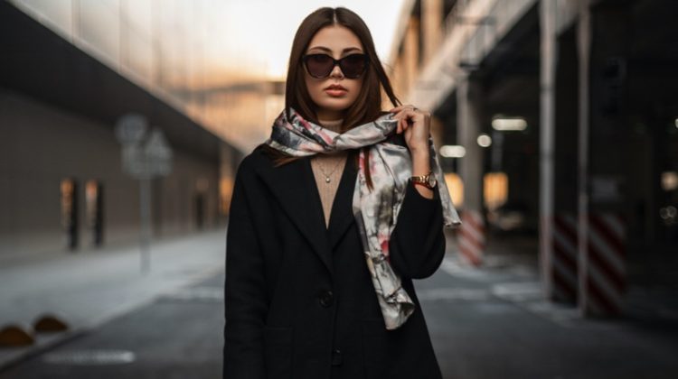 Stylish Woman Wearing Silk Scarf