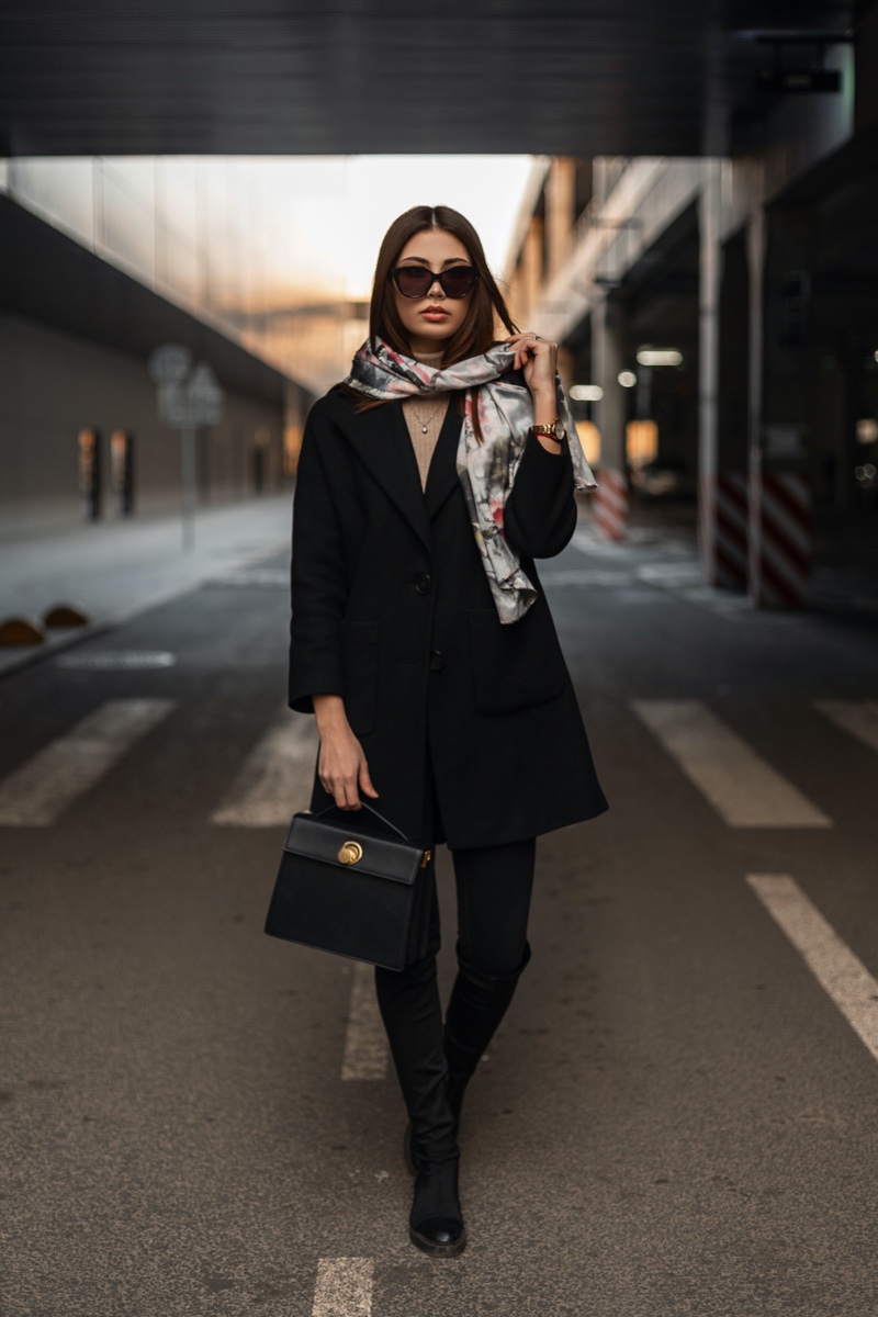 Stylish Woman Wearing Silk Scarf