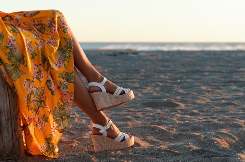 Woman Beach Wedge Sandals Yellow Dress