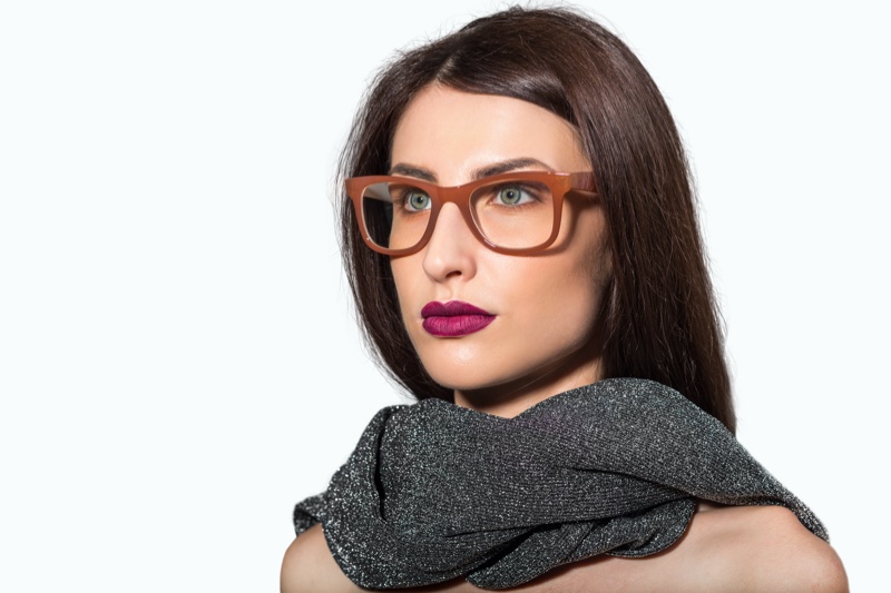 Woman Brown Glasses Magenta Lipstick Beauty