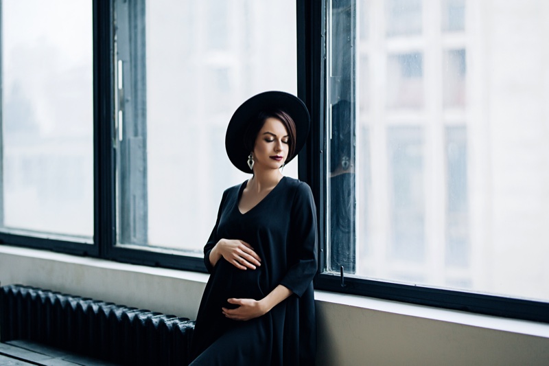 Woman Maternity Outfit Black Hat Dress Chic