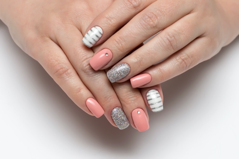 Woman Pink Striped Glitter Nails