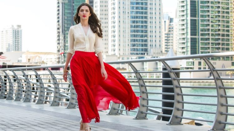 Woman Red Maxi Skirt Blouse