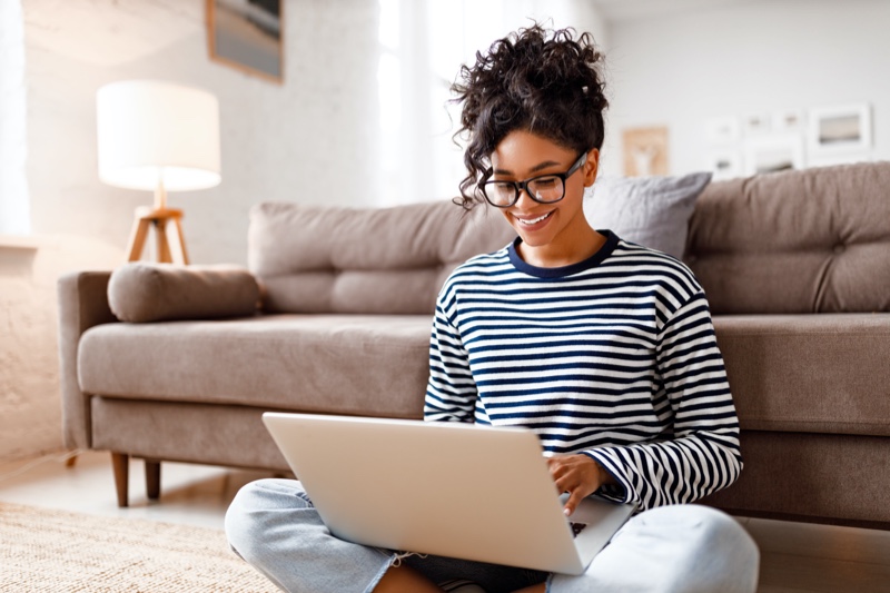 Woman Smiling Home Laptop