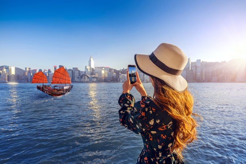 Woman Taking Photo Boat Hong Kong