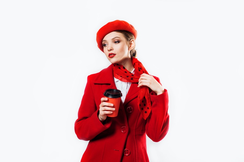 Woman in Red Beret Silk Scarf