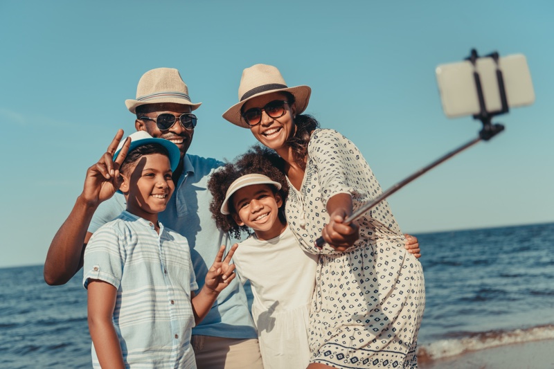 Black Family Taking Selfie Beach