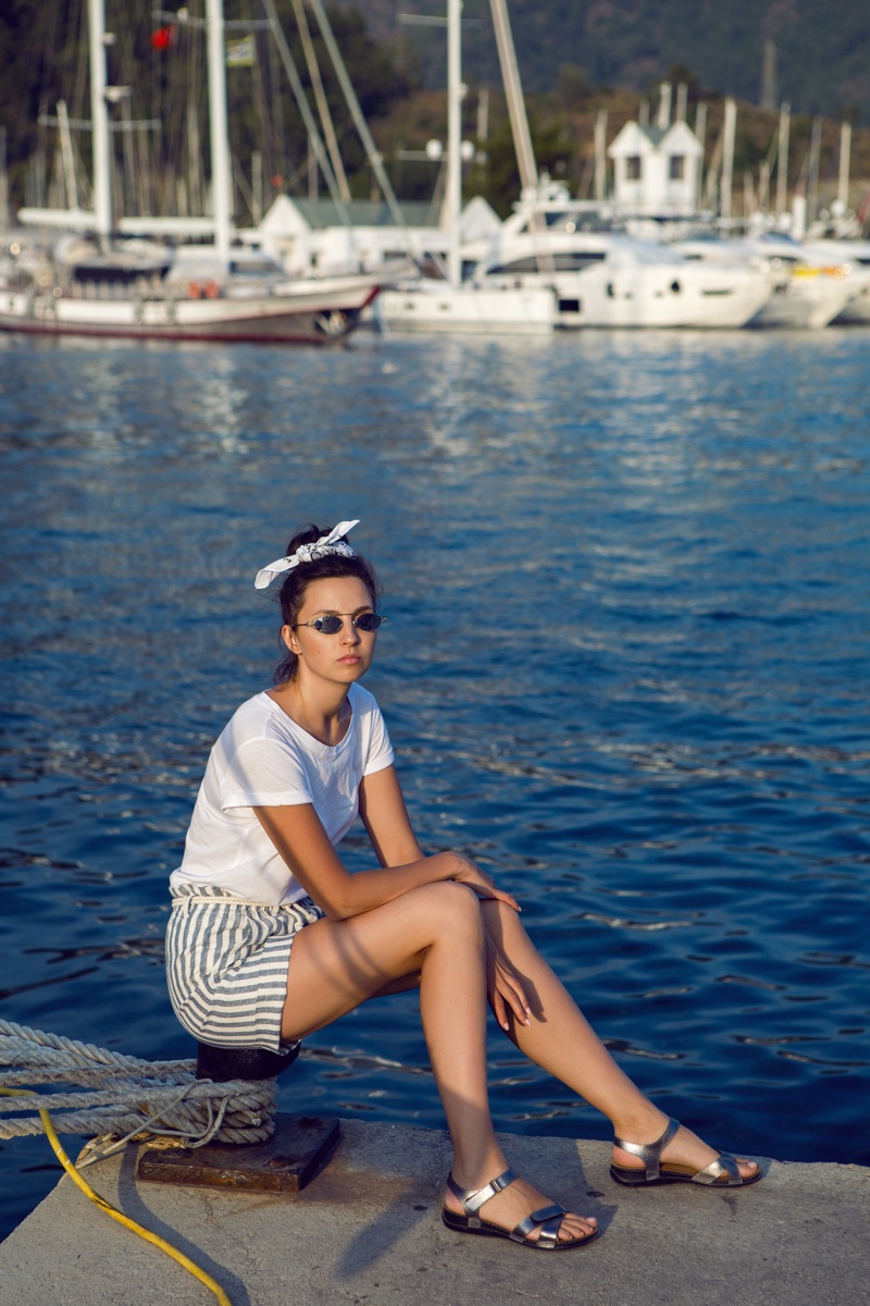 Fashion Model White T-Shirt Striped Shorts Summer