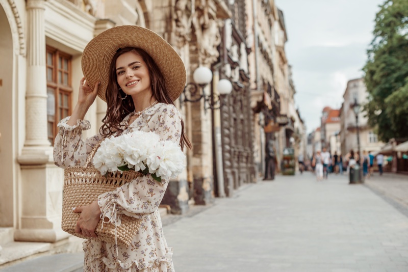 Happy Model Straw Bag Hat Flowers City Street