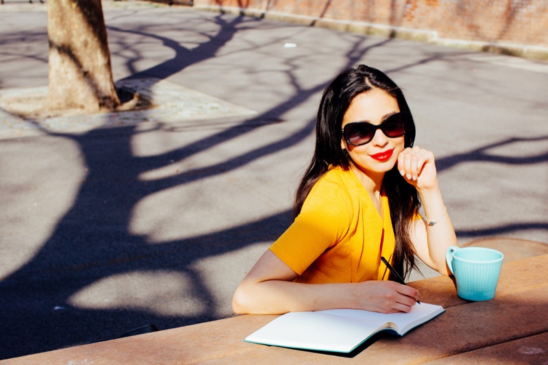Happy Woman Yellow Park Writing Notebook