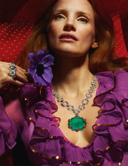 Jessica Chastain Sparkles for Gucci High Jewelry Campaign Jessica Chastain Gucci High Jewelry Necklace