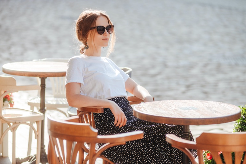 Model White T-Shirt Dotted Skirt Sun