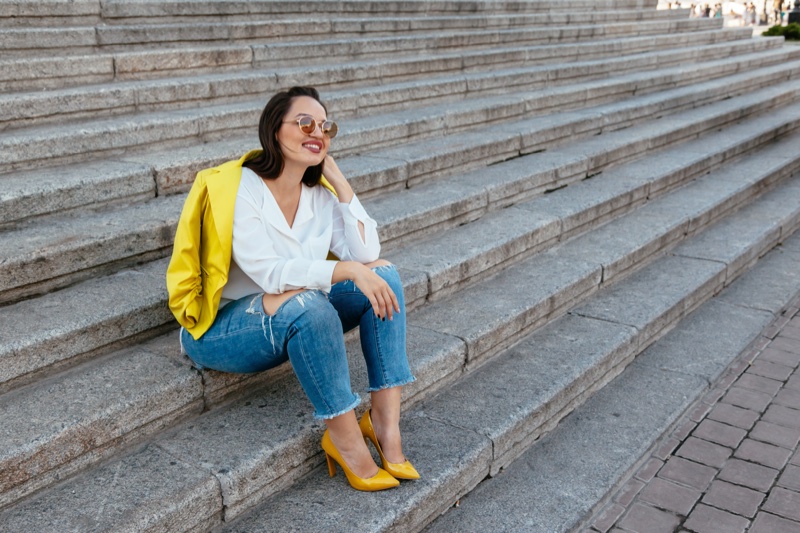 Plus Size Model Ripped Jeans Yellow Jacket