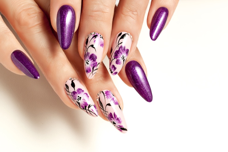 Purple Nail Manicure Flowers Glitter
