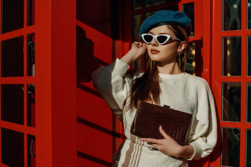 Red Booth Cat Eye Sunglasses Sweater Beret Bag