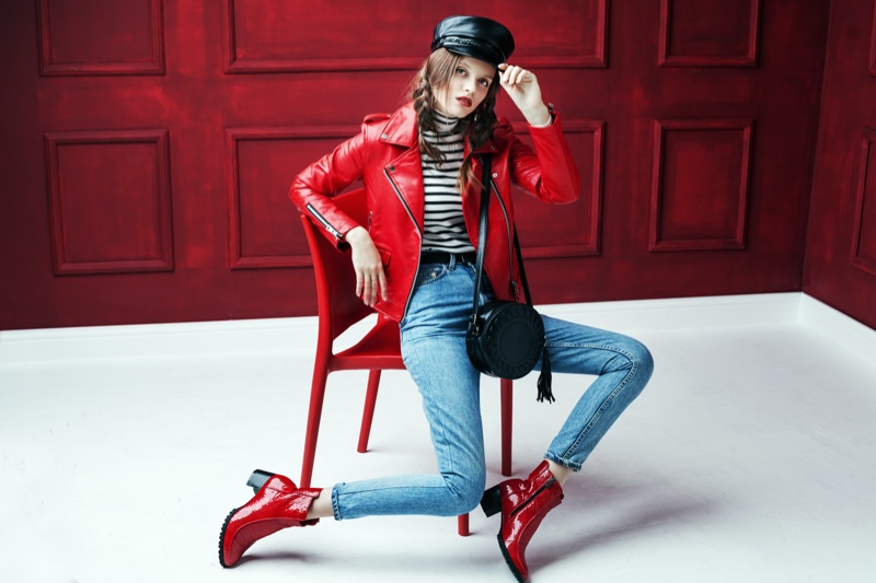 Red Leather Jacket Striped Shirt Jeans Boots