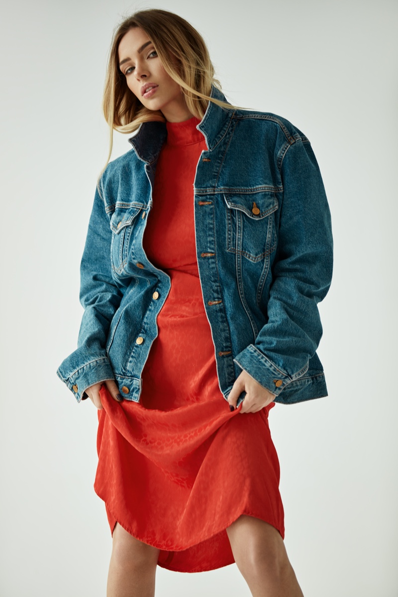 Woman Denim Jacket Red Dress