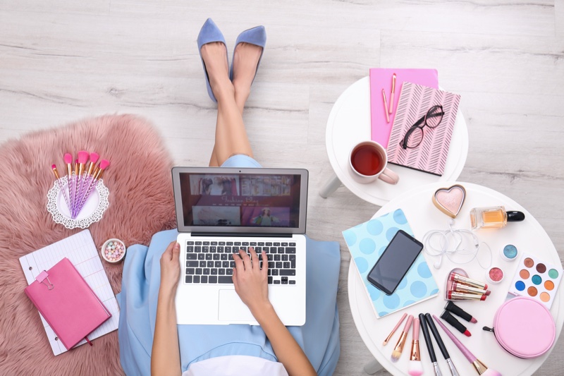 Woman Laptop Makeup Beauty Cosmetics Concept