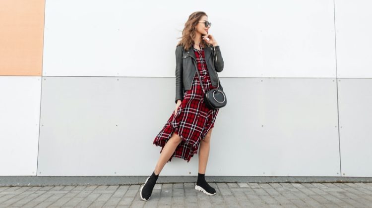 Woman Leather Jacket Red Plaid Dress Sneakers Outfit