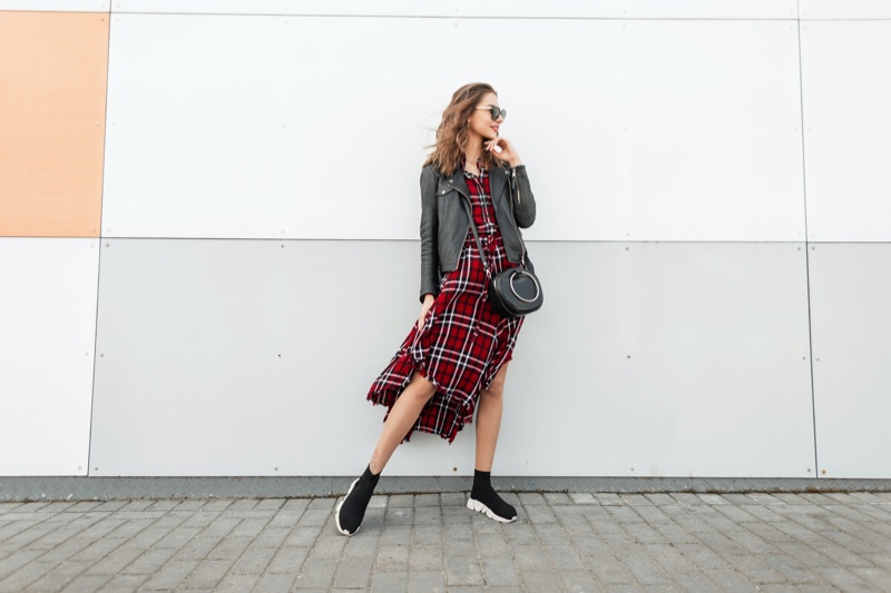 Woman Leather Jacket Red Plaid Dress Sneakers Outfit