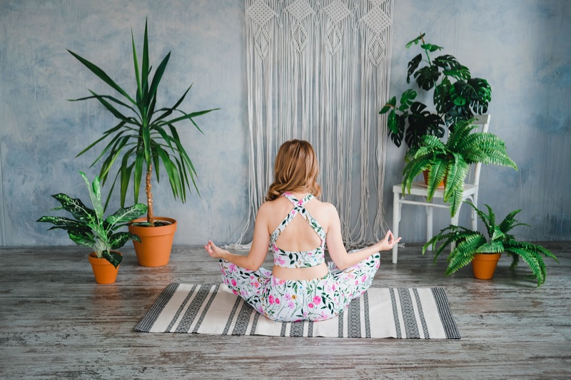 Young Woman Yoga Room Green Plants