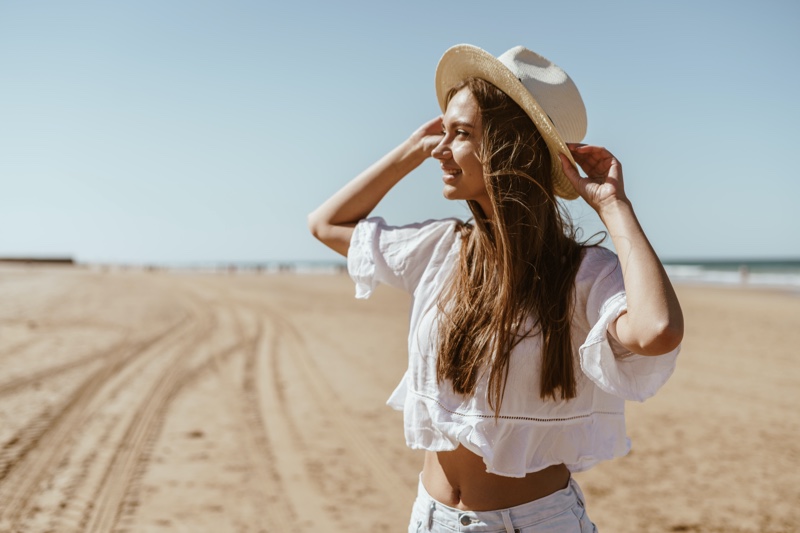 Boho Woman Beach Hat White Blouse