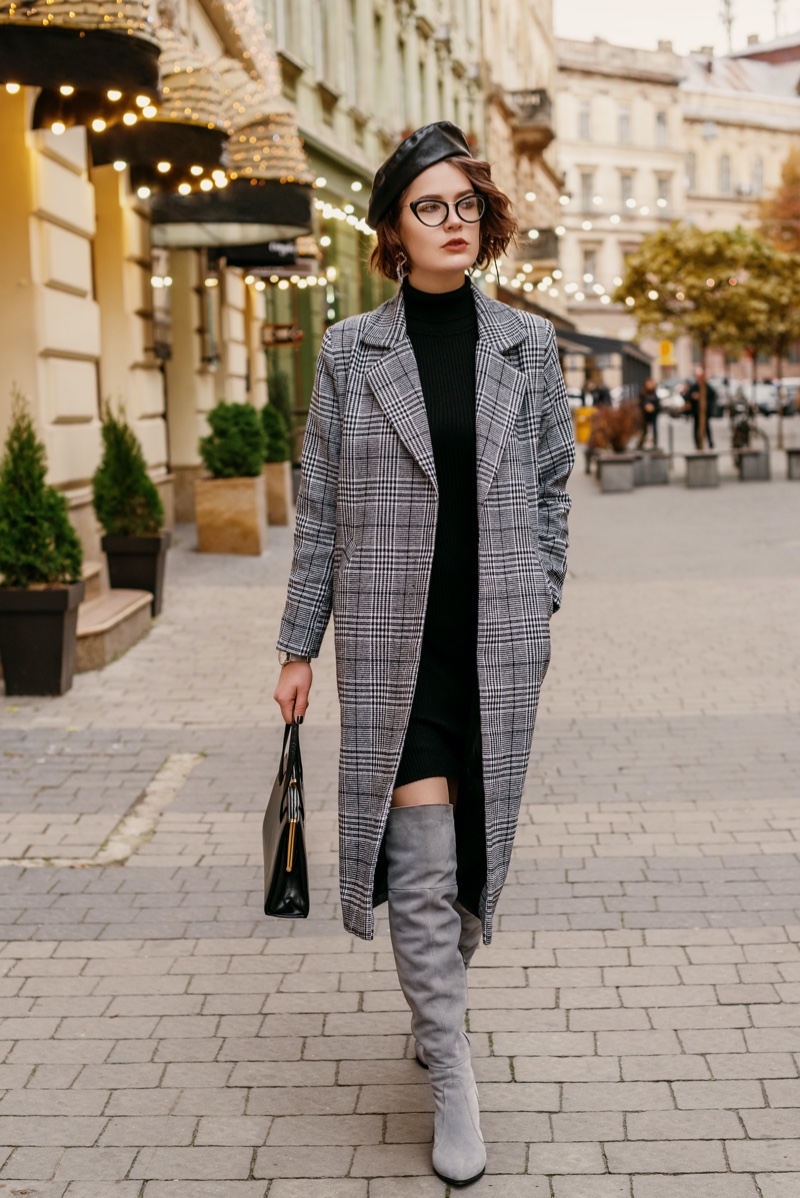 Fashion Model Long Coat Grey Boots Outfit Fall