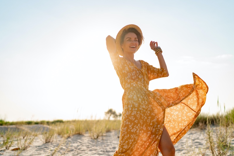 Happy Model Yellow Dress Beach Print